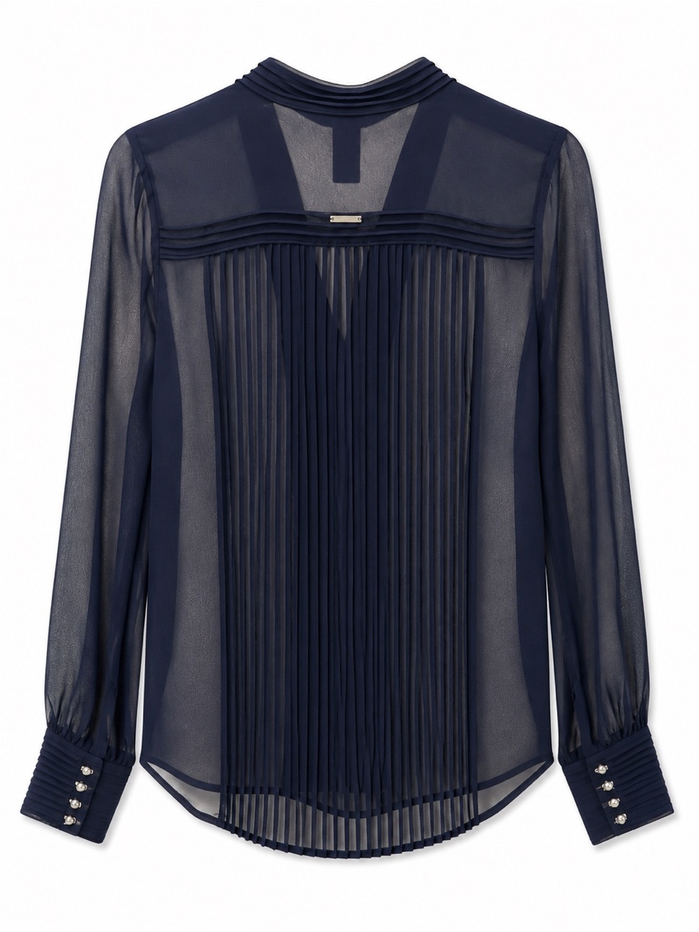 White House Black Market Navy Sheer Pintuck Button-Blouse - Picture 3 of 5